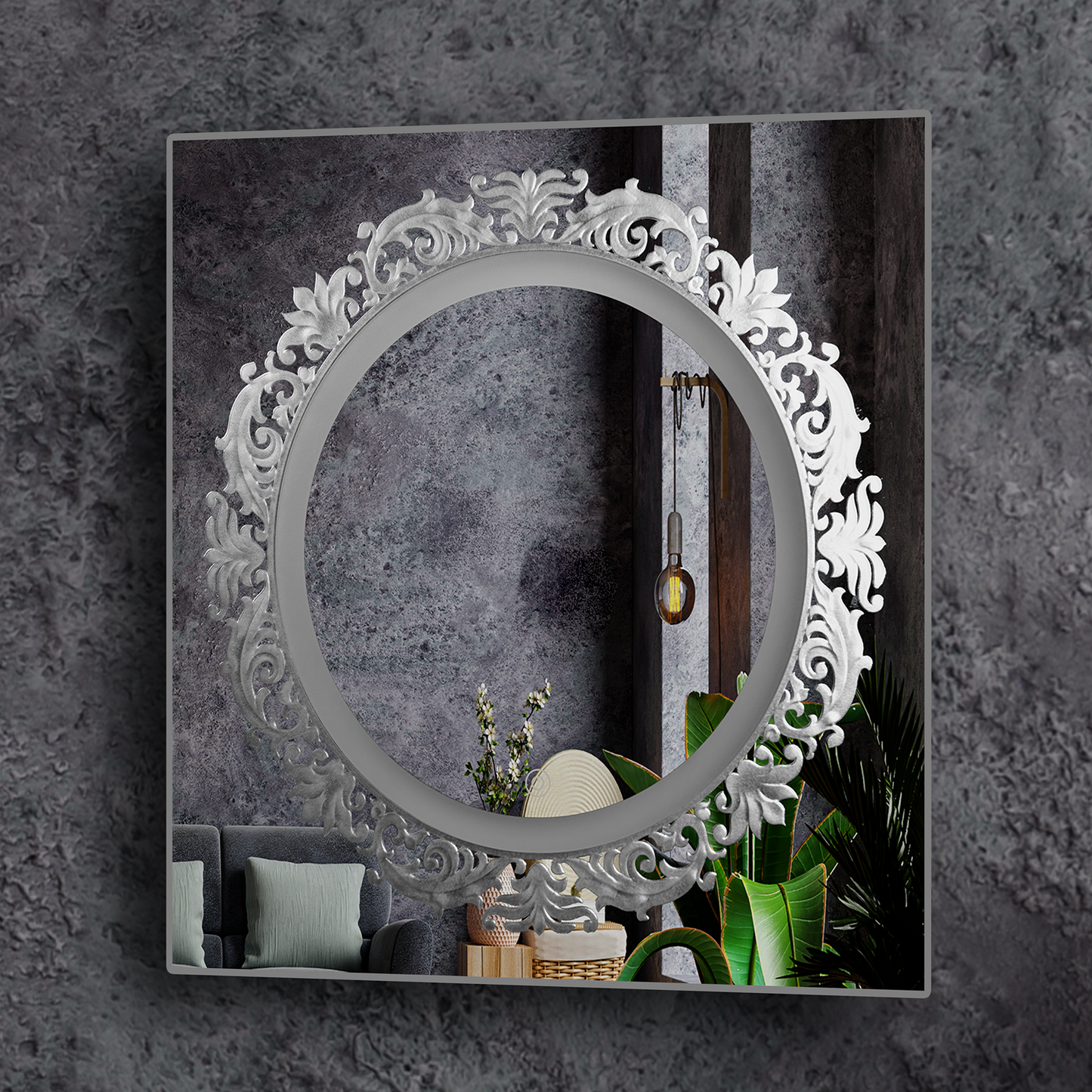 Floral Circle Design LED Touch Mirror